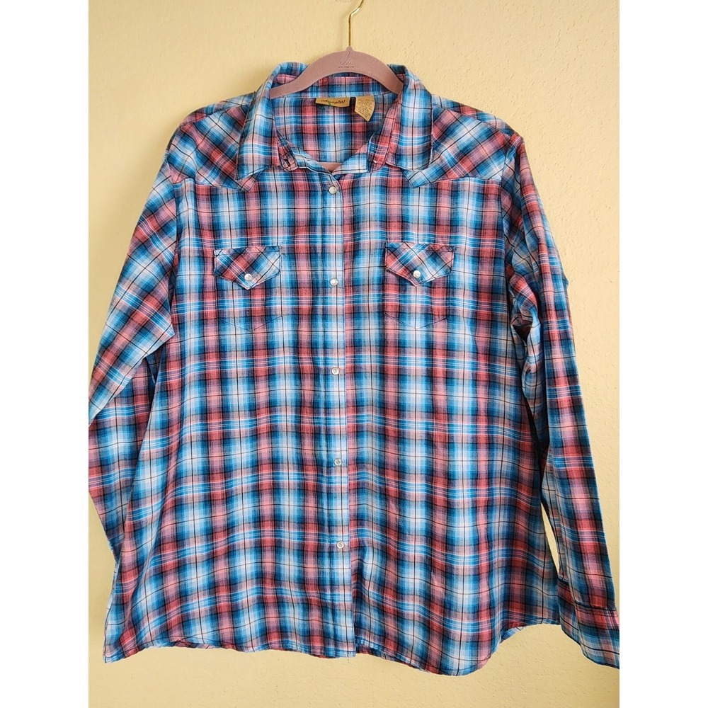 Wrangler Womens XXL Blue Pink Plaid Western Pearl Snap Long Sleeve Shirt LW001RA